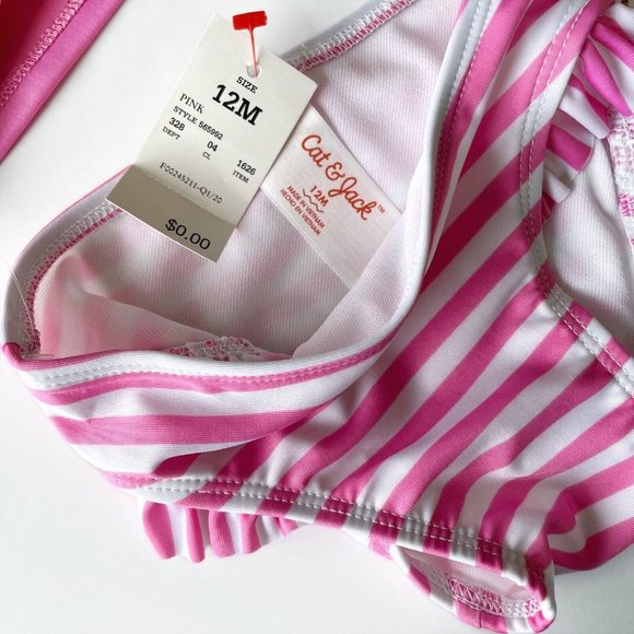 Cat & Jack Swimsuit Girl 12 Month Bikini 2 Piece Set Pink Graphic Ruffle New - Picture 12 of 14